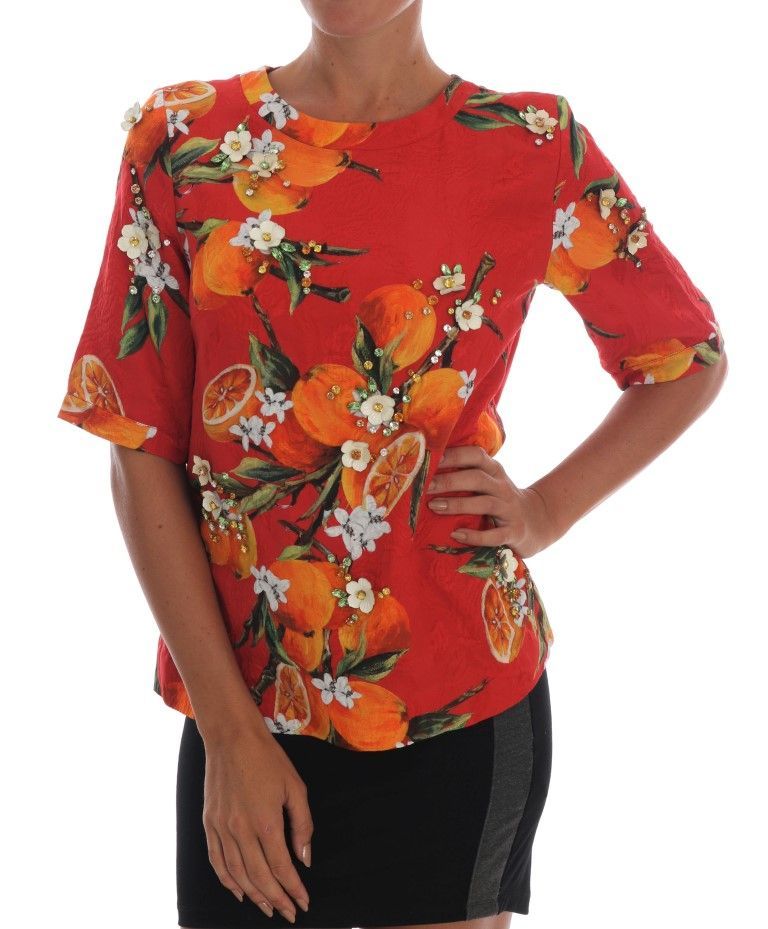 Dolce & Gabbana Orange-Print Bluse mit Kristallverzierung