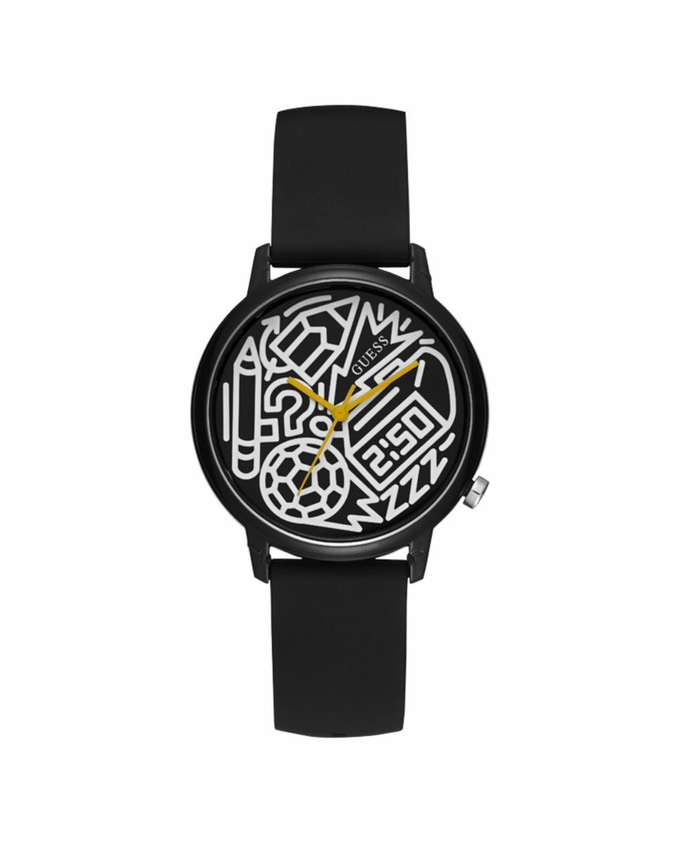 Schwarze Guess Uhr mit weißen Grafiken
