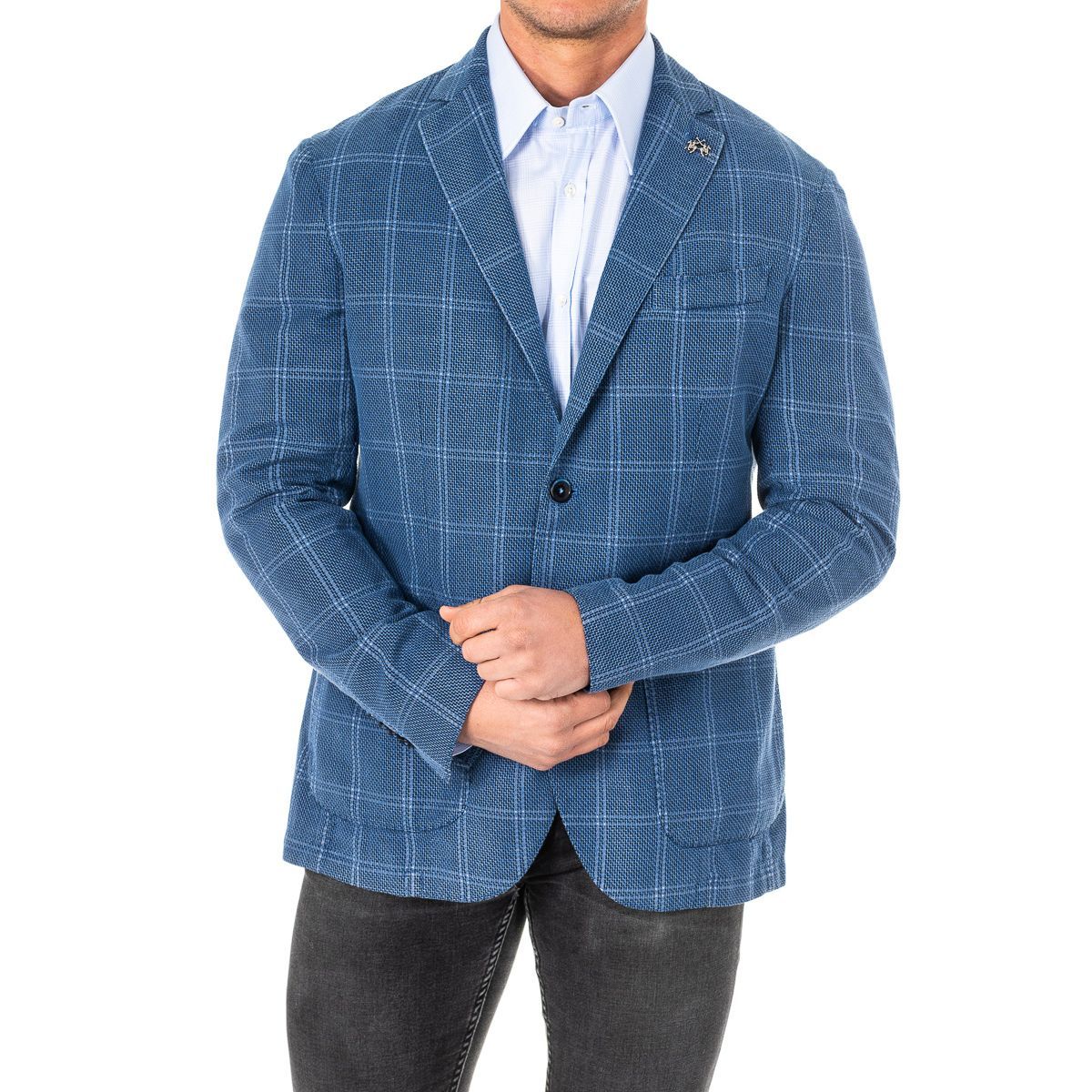Blauer karierter Baumwoll-Seidenblazer