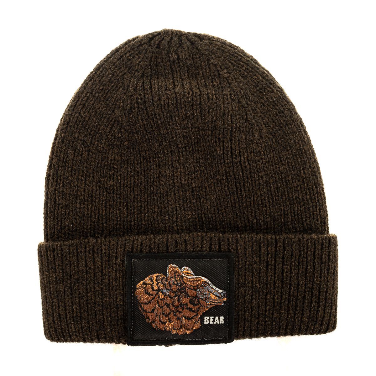 Braune Strickmütze mit Bärenaufnäher