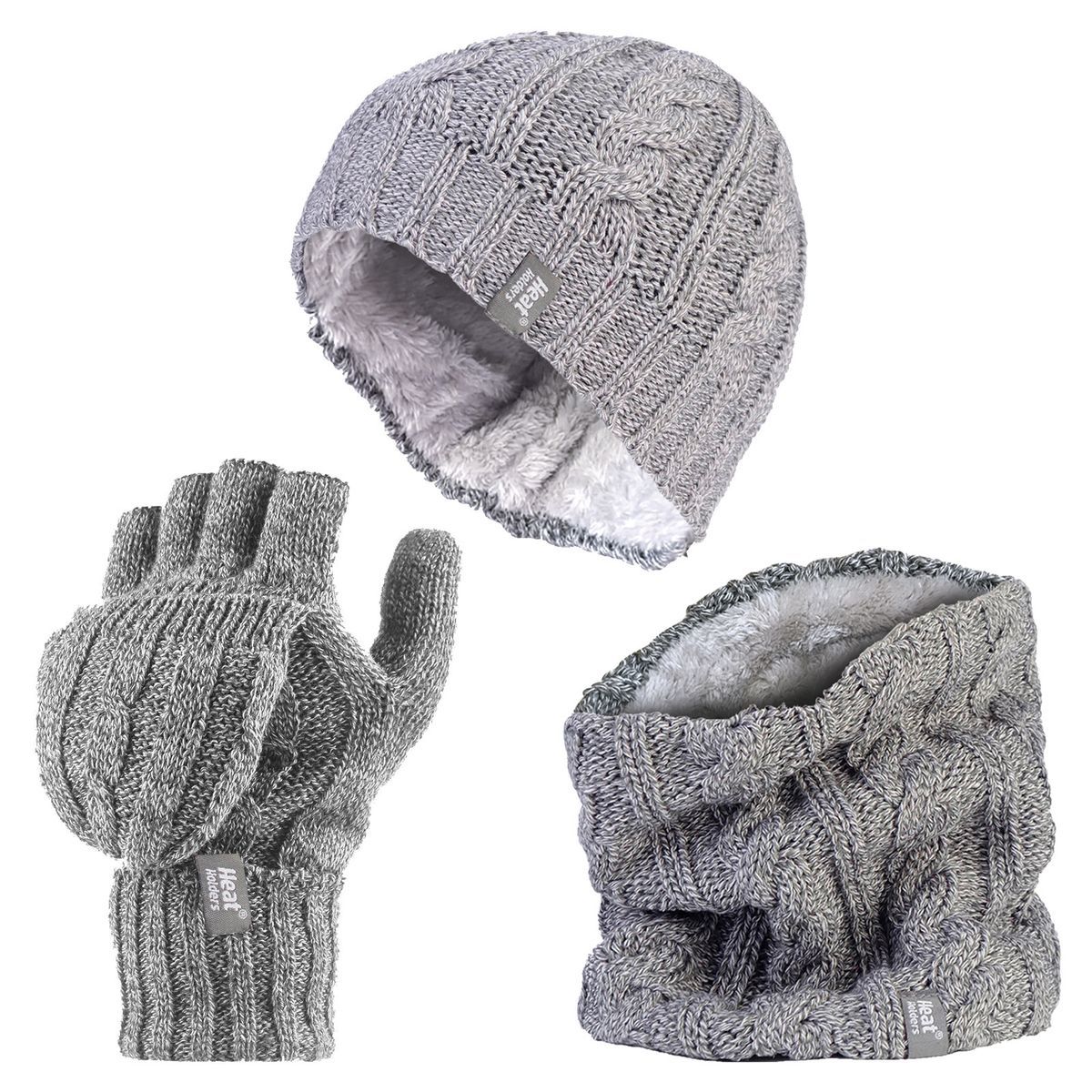 Heat Holders - Womens Thermal Winter Fleece Mütze, Halswärmer und Converter Handschuhe Set - Hellgrau