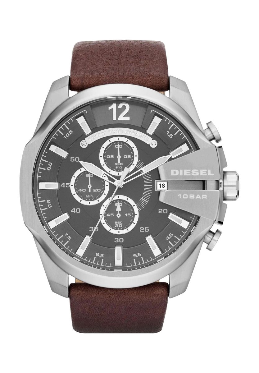 Silberfarbener Chronograph mit braunem Lederarmband