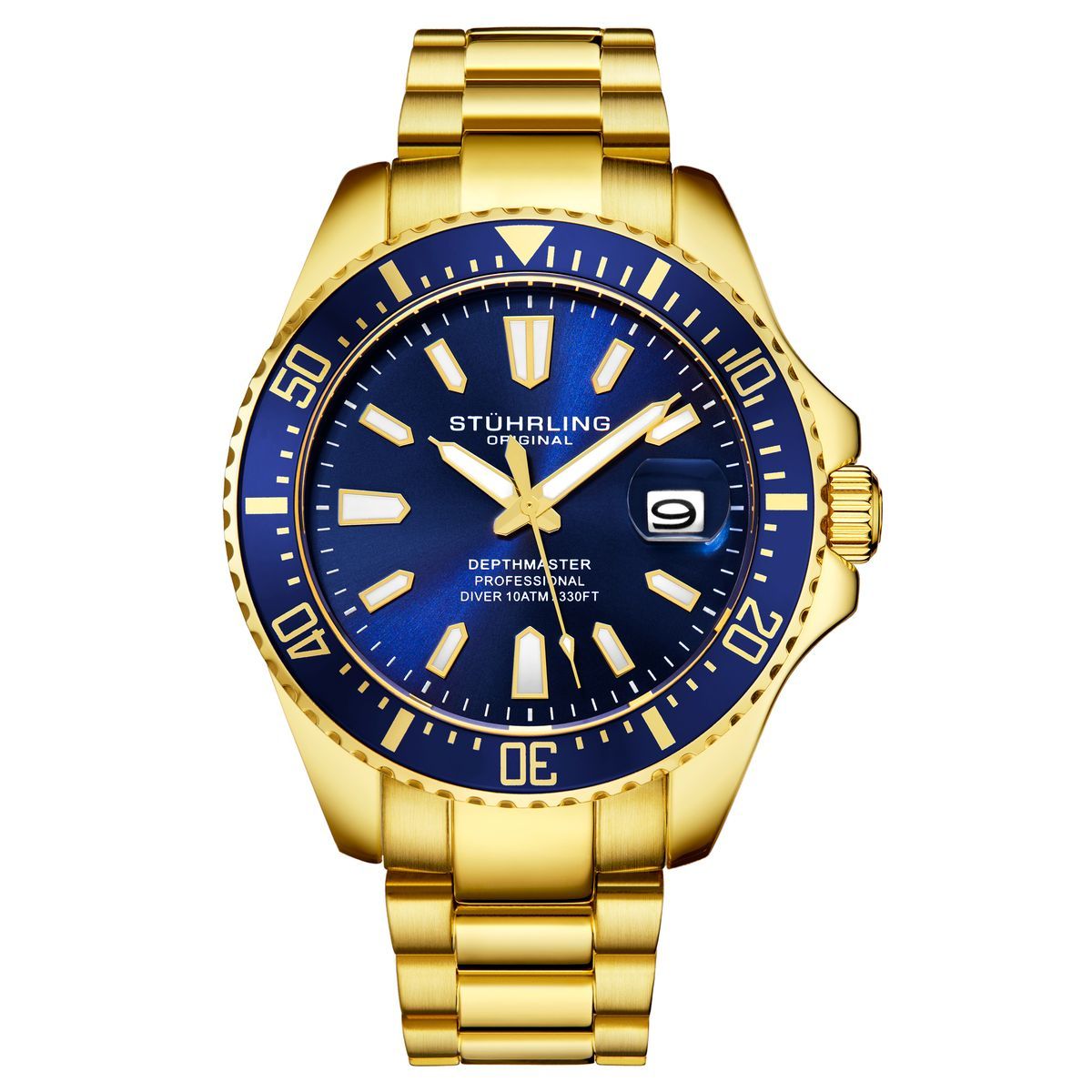 Goldfarbene Taucheruhr mit blauem Zifferblatt