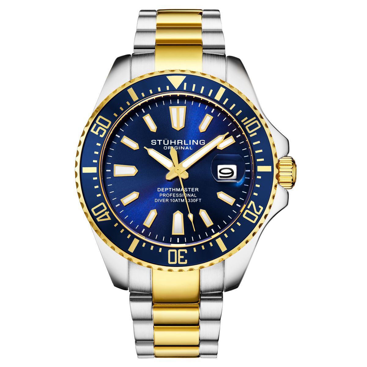 Goldfarbene Taucheruhr mit blauem Zifferblatt