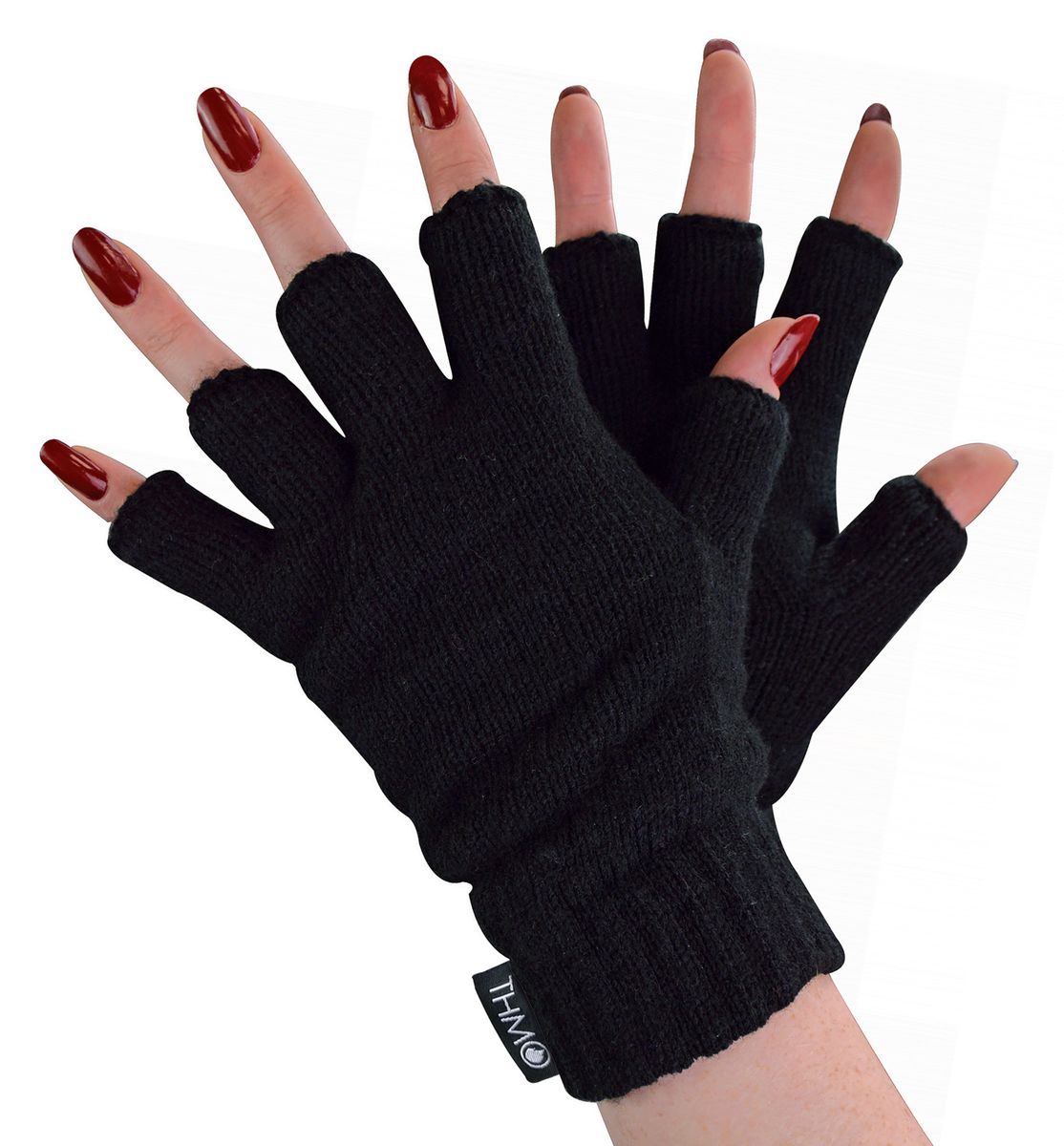 Fingerlose Damen-Thermohandschuhe | THMO | Winter-Fleece-gefütterte, weiche Thinsulate-Handschuhe für Damen, Schwarz