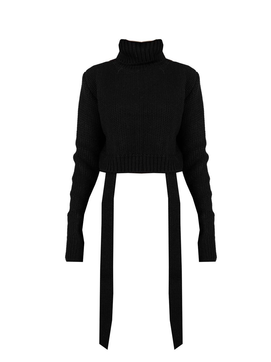 Kurzer Strickpullover mit Rollkragen und Bändern