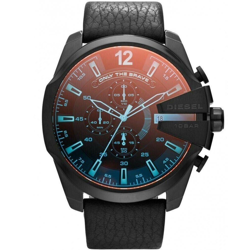 Chronograph Lederuhr mit schwarzem Zifferblatt