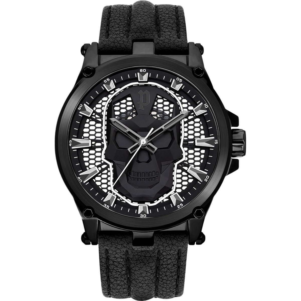 Schwarze Herrenuhr mit Totenkopf-Zifferblatt