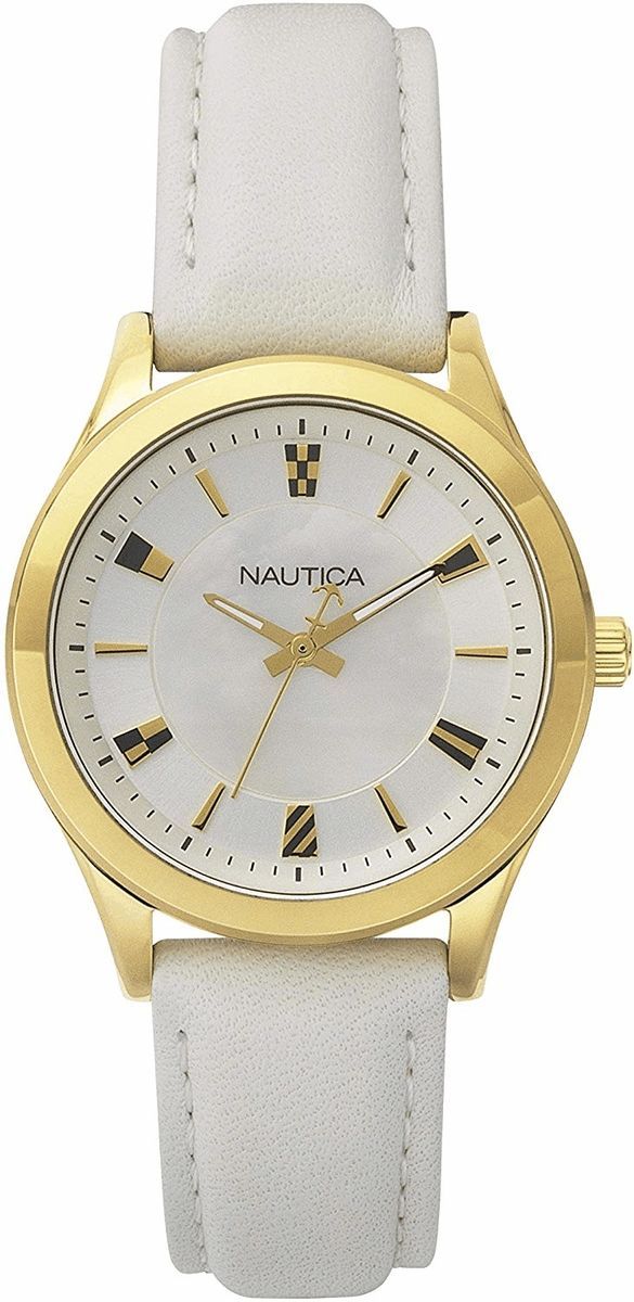 Goldfarbene Uhr mit weißem Lederarmband