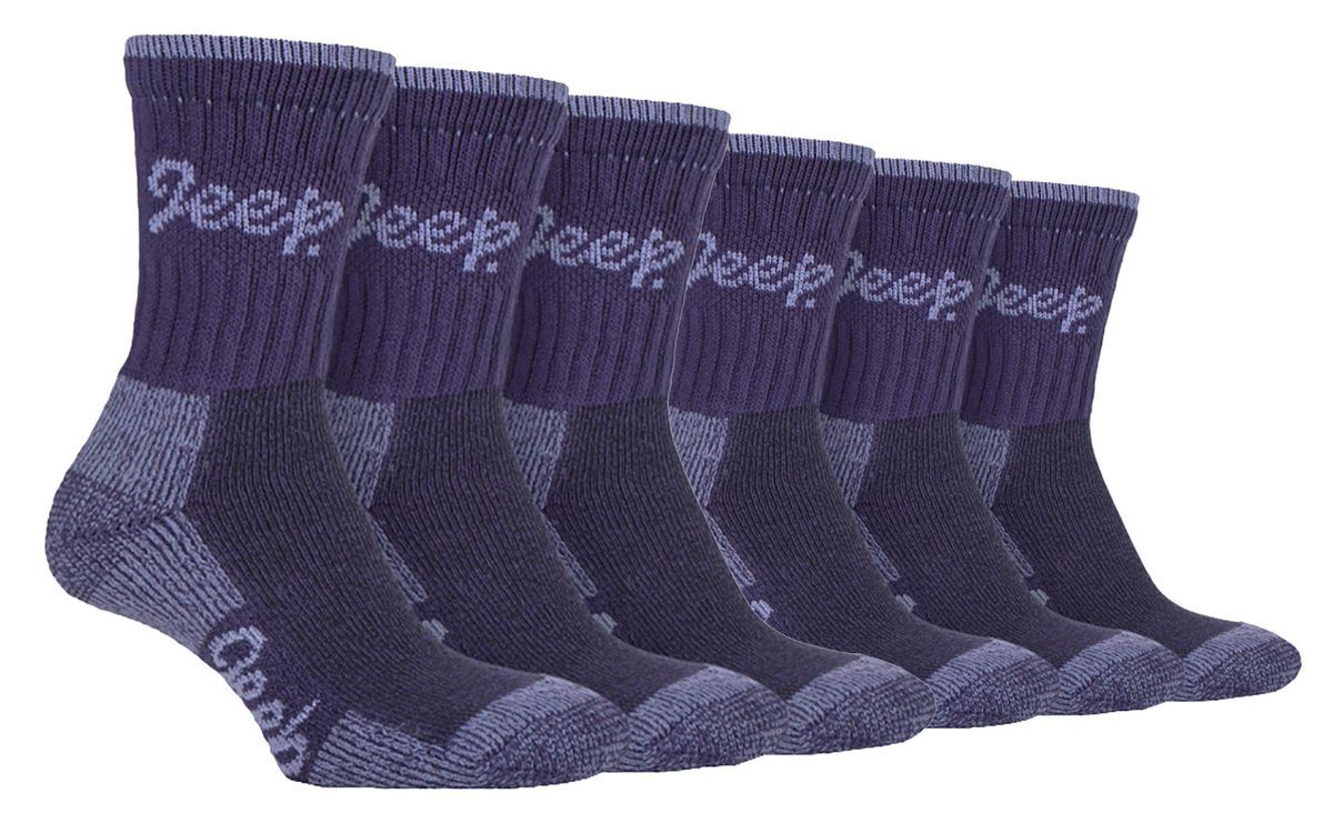 JEEP 6 Paar Multipack Damen Baumwolle atmungsaktive gepolsterte Wandersocken | Gepolsterte Anti-Blister-Crew-Trekkingsocken für Damen Lila / Lila