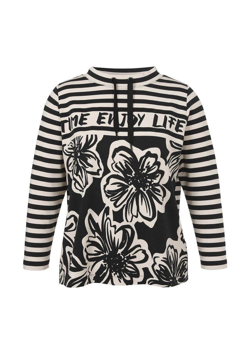 Gestreiftes Sweatshirt mit Blumendruck und Bindeband
