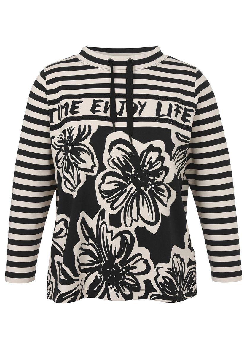 Gestreiftes Sweatshirt mit Blumendruck und Bindeband