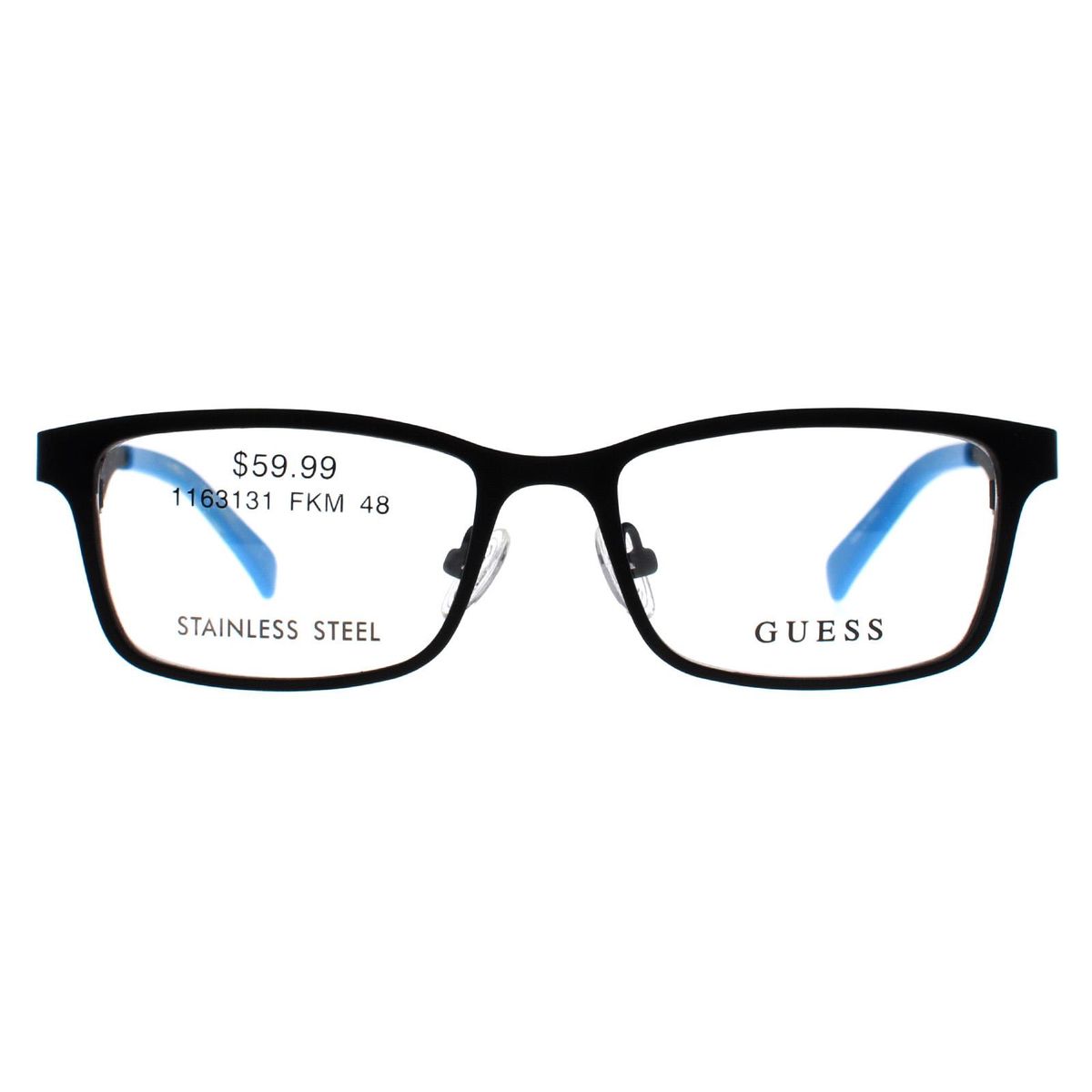 Rechteckige Brille mit blauen Bügeln
