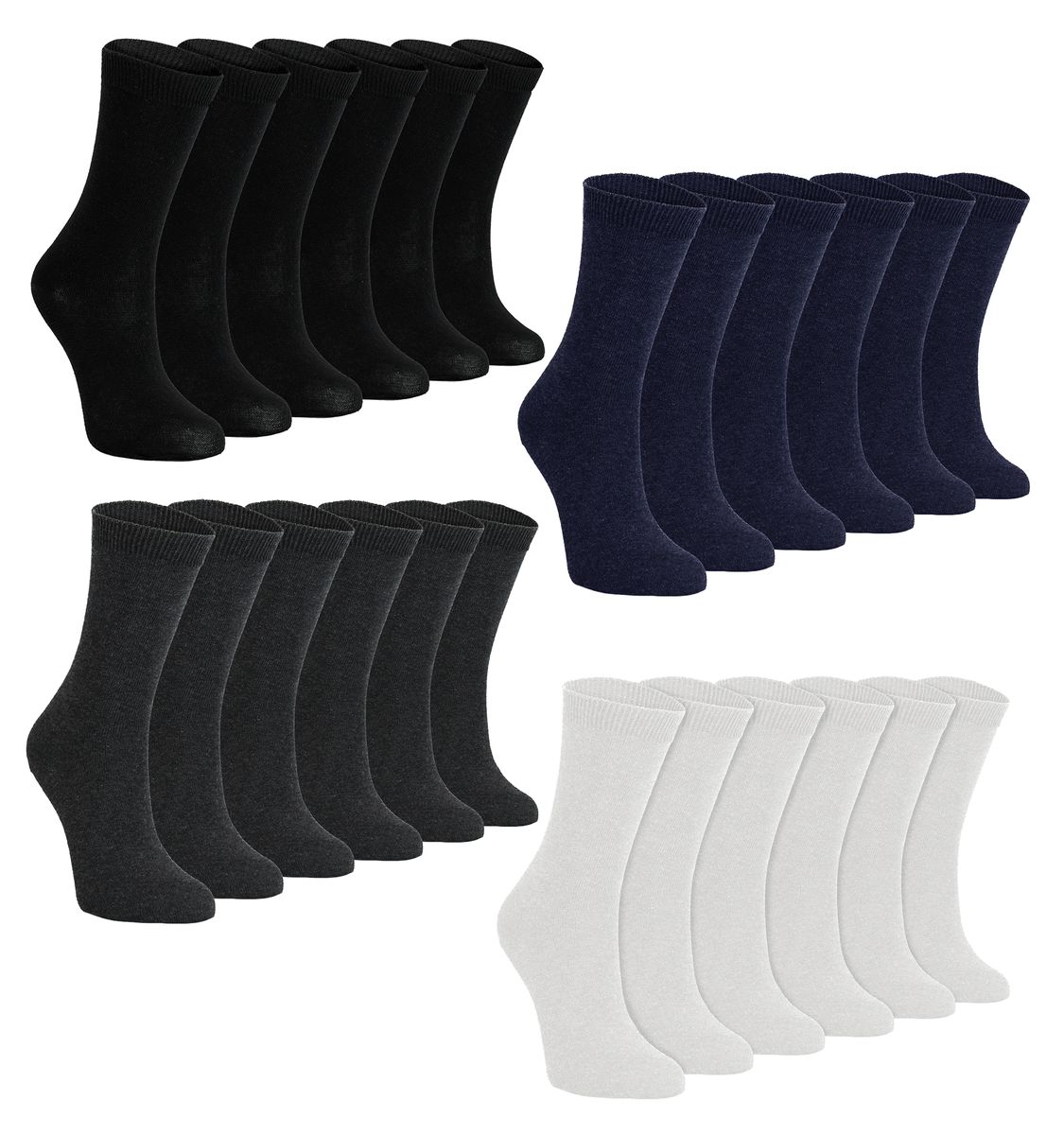 24 Paar Multipack Kinder-Schulsocken | Gestrickte einfarbige Baumwollsocken in Schwarz/Weiß/Grau/Marineblau für Jungen und Mädchen - Gemischt