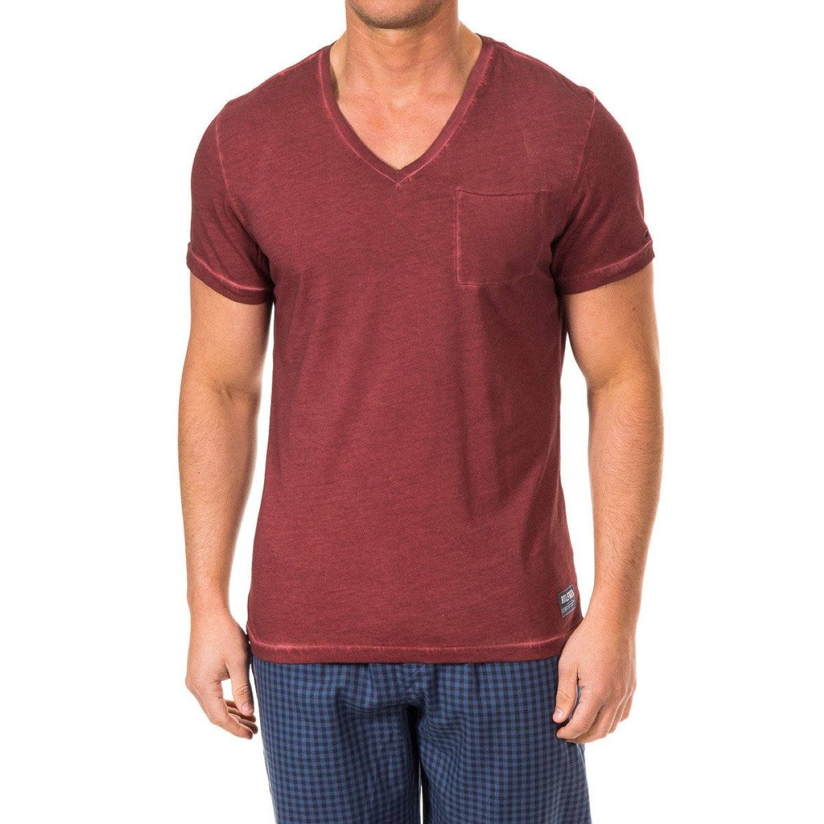 Herren Burgunderrot V-Ausschnitt T-Shirt mit Tasche