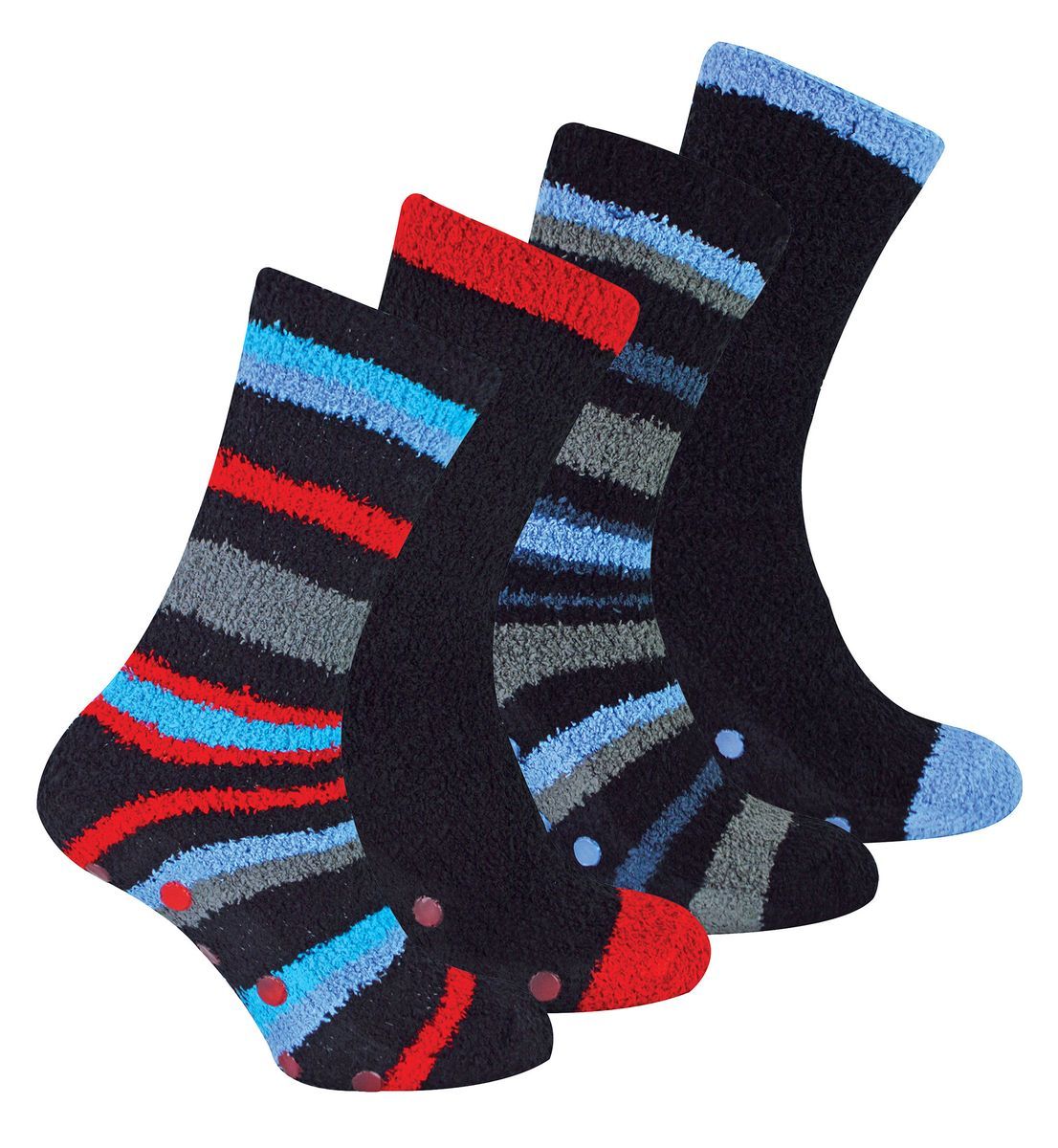 4 Paar Herren Bettsocken |Thermal Anti-Rutsch Fuzzy Slipper Socken - Blau / Rot gestreift