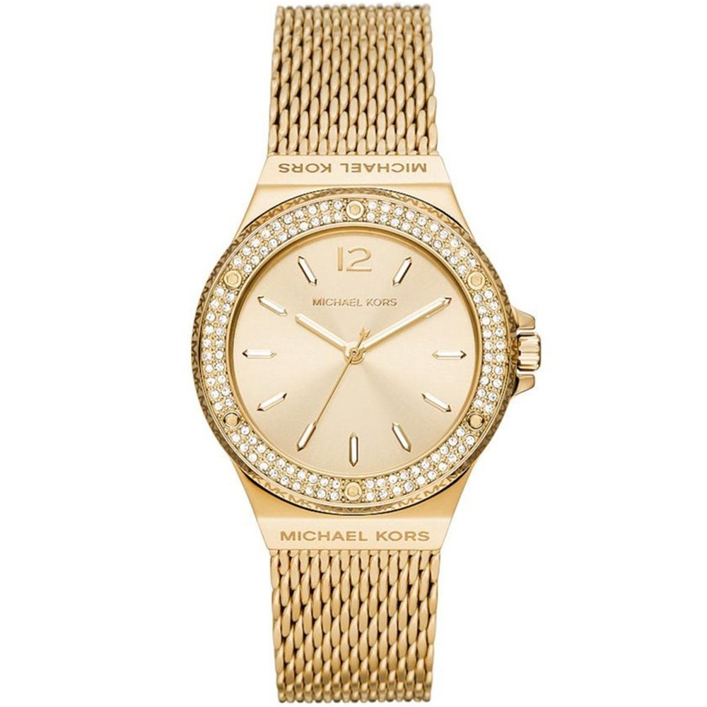 Goldfarbene Mesh-Uhr mit Kristalllünette