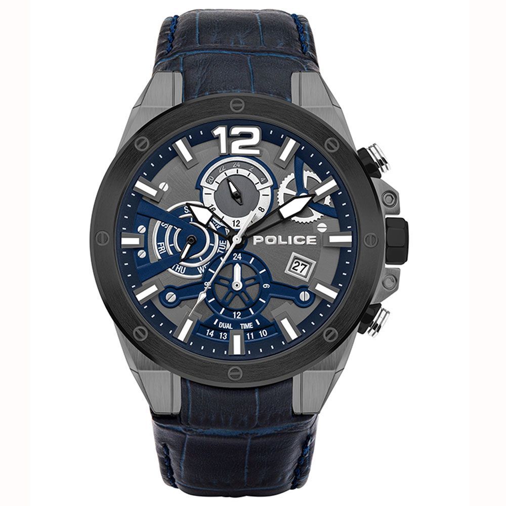 Herren Multifunktionsuhr Blau Leder