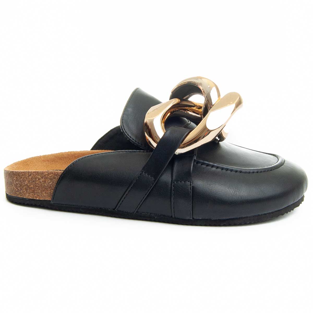Schwarze Leder-Mule mit Kettendetail