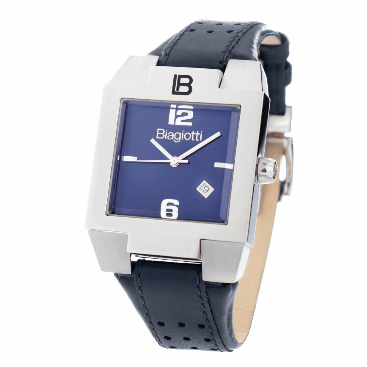 Silberne quadratische blaue Lederuhr
