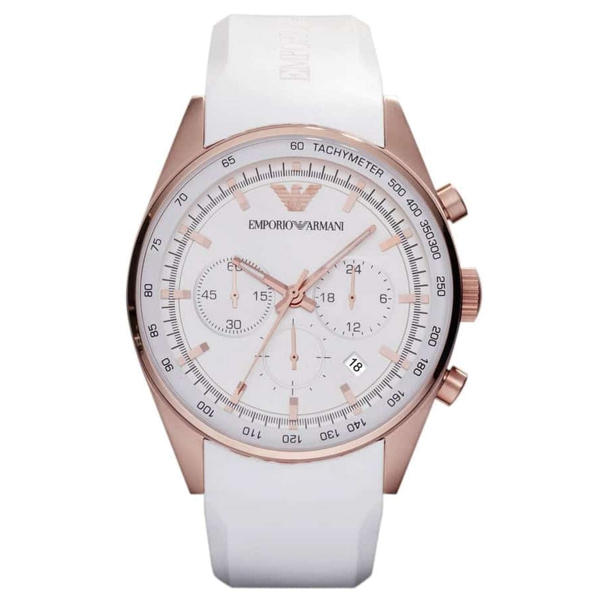 Roségoldener Chronograph mit weißem Armband