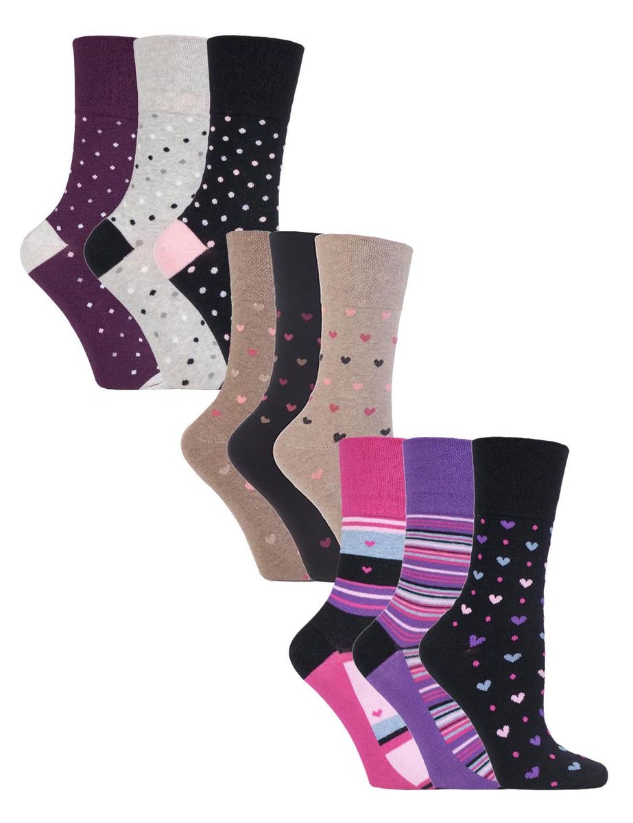 9 Paar Multipack Ladies Cotton Crew Non Elastic Socks | Gentle Grip | Womens Soft Top Striped Patterned Non Binding Socks - Heart Mix