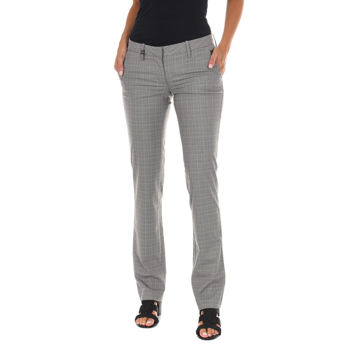 Grau karierte Damenhose mit geradem Bein