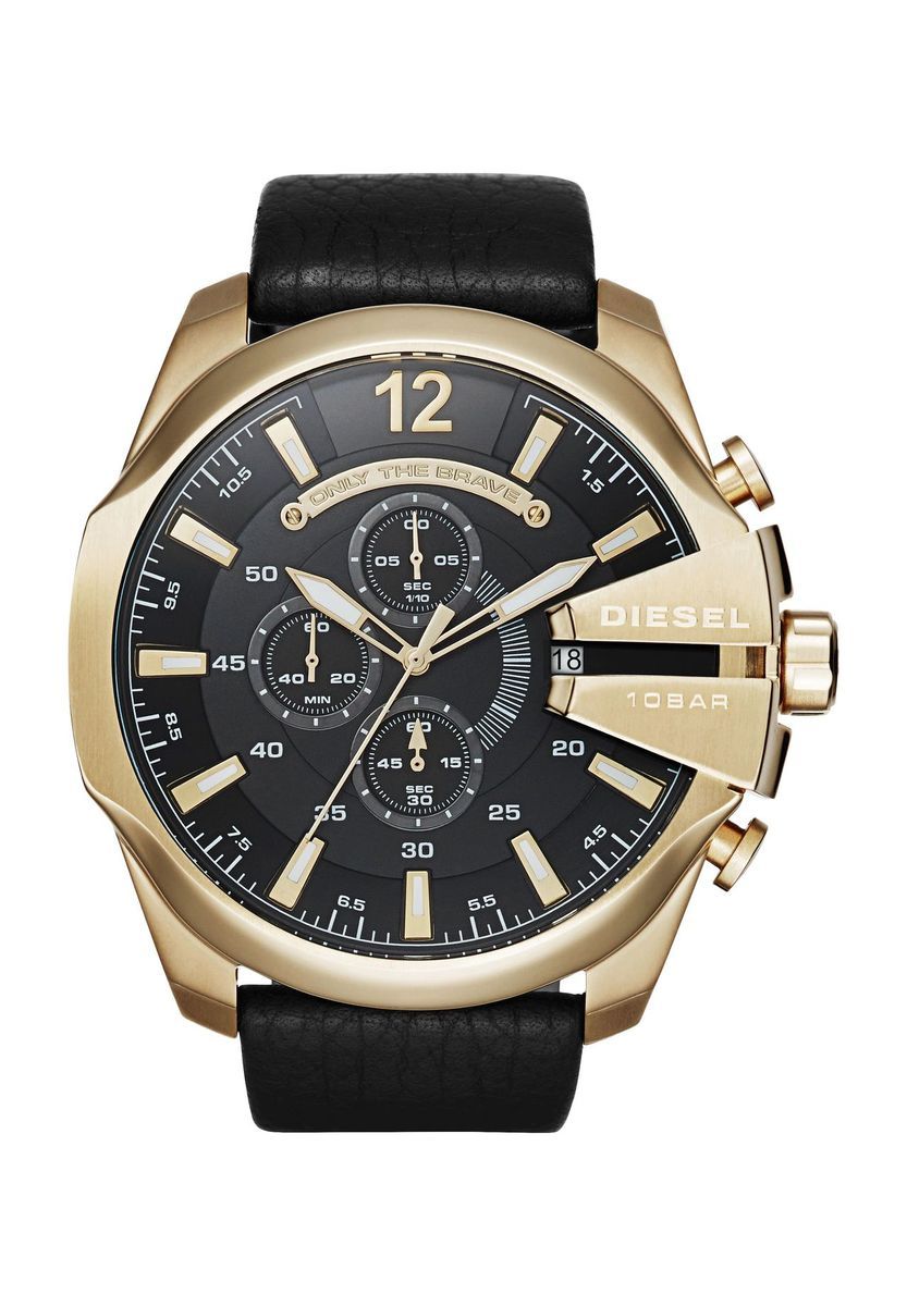 Goldfarbener Chronograph mit schwarzem Lederarmband