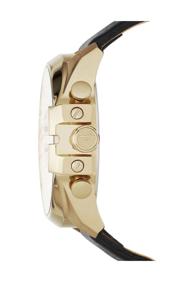 Goldfarbener Chronograph mit schwarzem Lederarmband