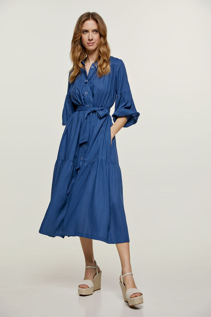 Blaues Midikleid im Leinenstil mit Hemdkragen