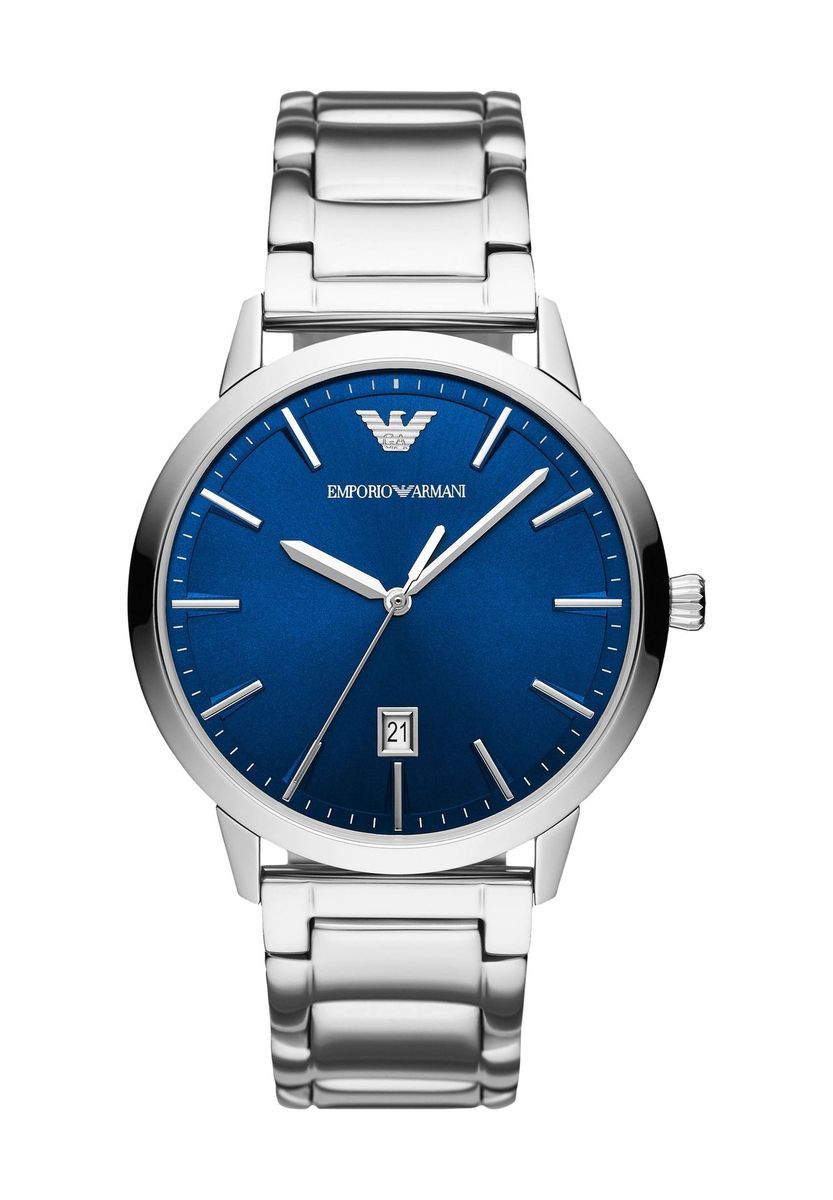 Elegante silberfarbene Herrenuhr mit blauem Zifferblatt