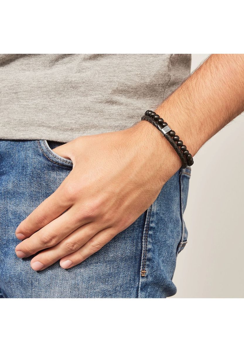 Herren-Armband aus schwarzem Leder mit Perlen
