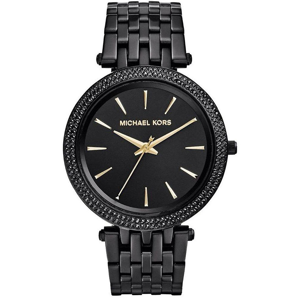 Elegante schwarze, kristallverzierte Uhr