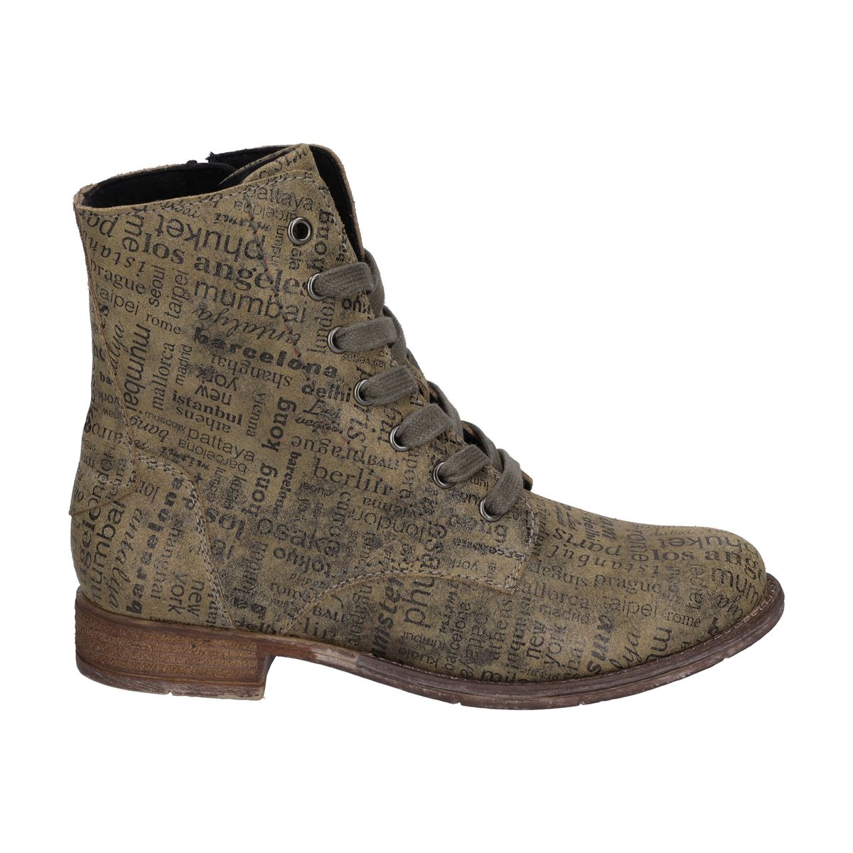 Stiefeletten mit Städte-Print und Schnürung