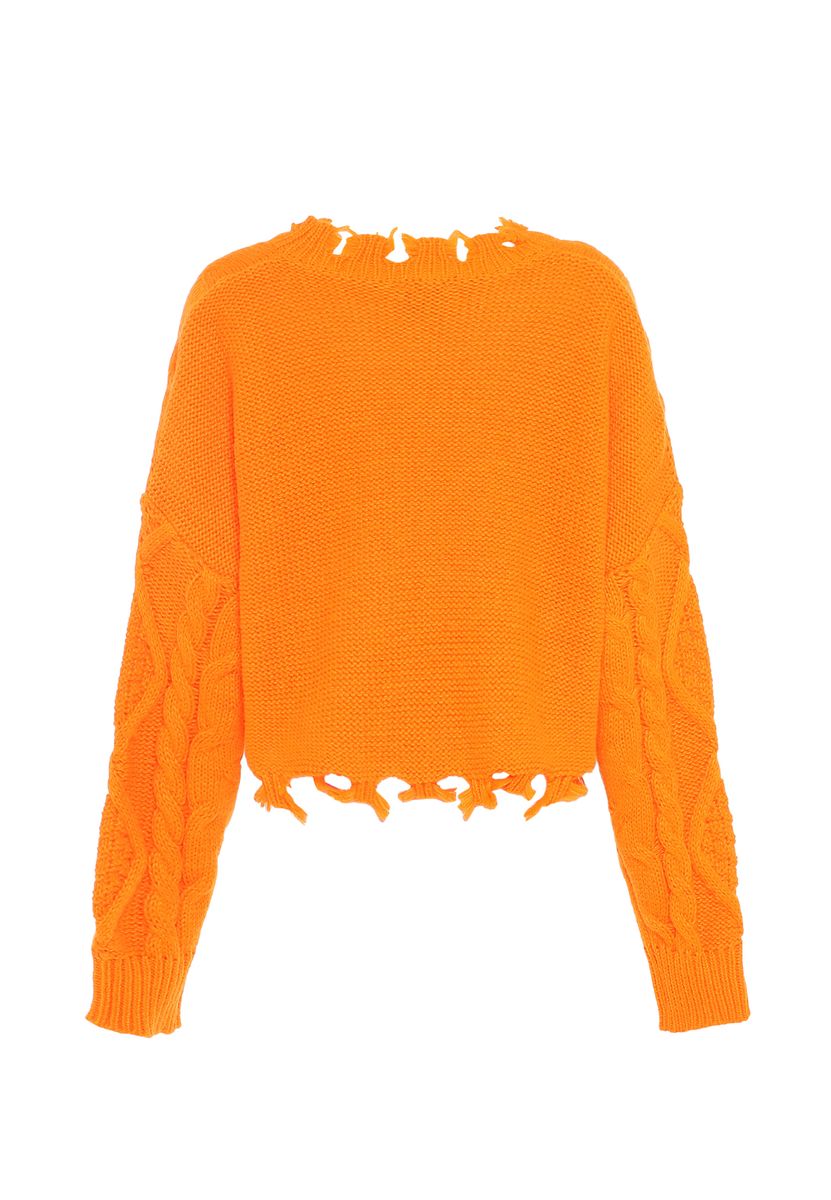 Distressed Zopfmuster-Cropped-Strickpullover