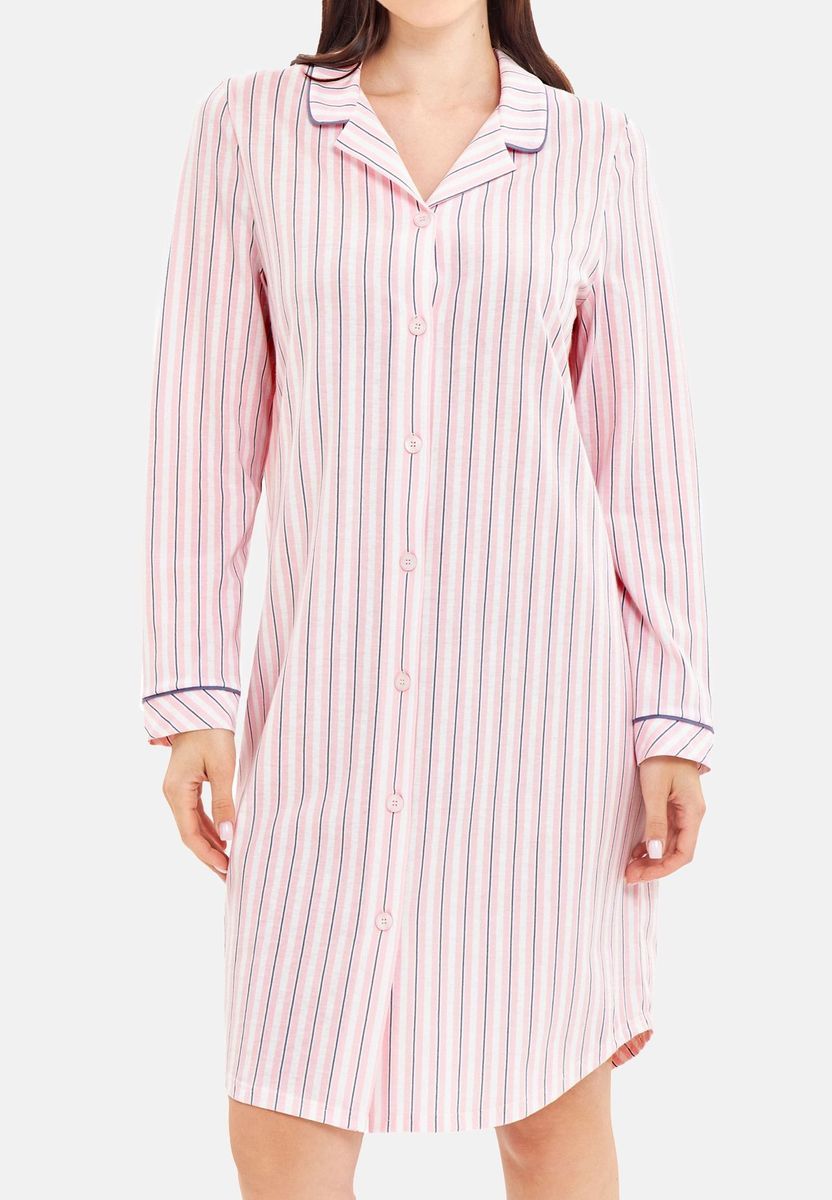 Gestreiftes Baumwoll-Nachthemd mit Kragen