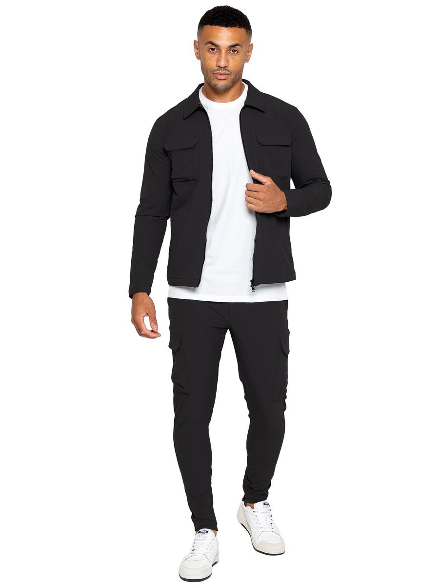 Schwarzes Cargo Shacket Trainingsanzug Set für Herren