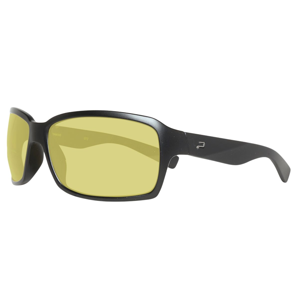 Rechteckige, schwarze Sonnenbrille mit gelben Gläsern