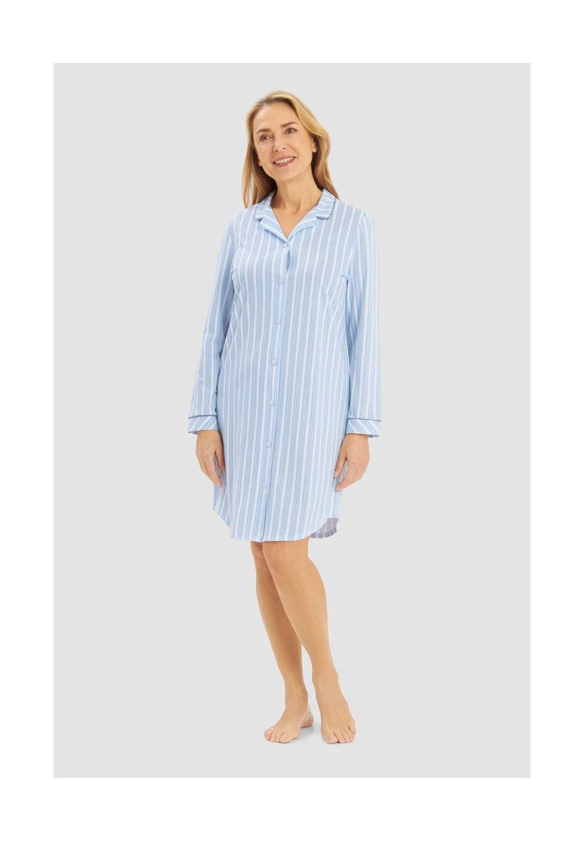 Gestreiftes Baumwoll-Nachthemd mit Knopfleiste