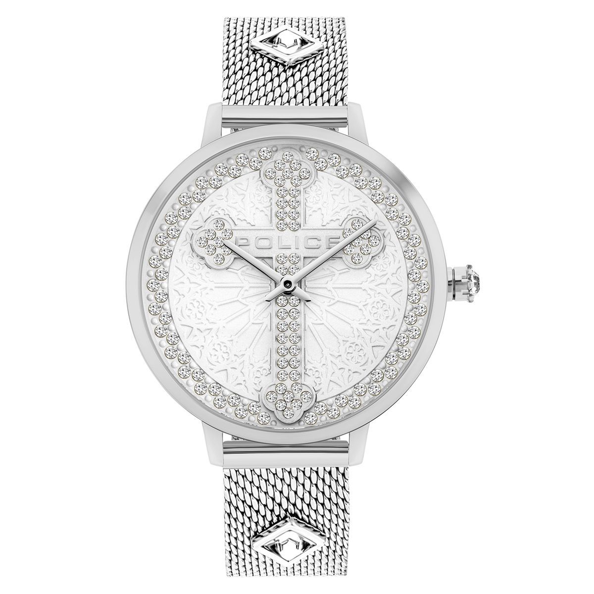 Silberne Damenarmbanduhr mit Mesh und Kristallen