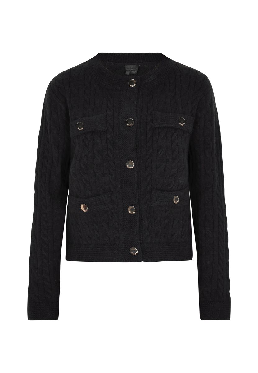 Schwarze Zopfstrickjacke mit Taschen