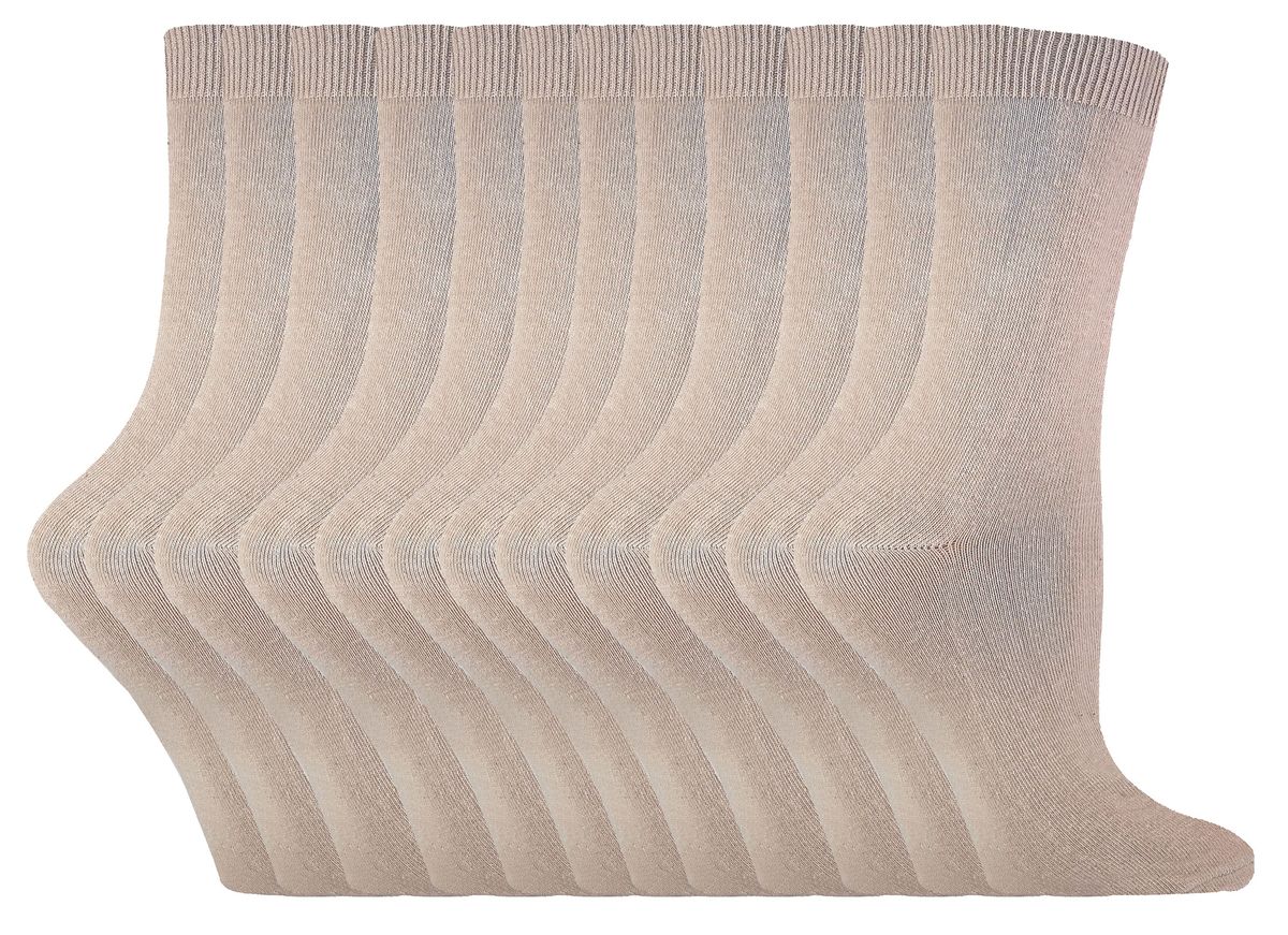 Einfarbige Damensocken mit hohem Baumwollanteil | 12 Paar Multipack | Socken-Snob | Dünne, bequeme, farbenfrohe Crew-Söckchen für Damen in Beige