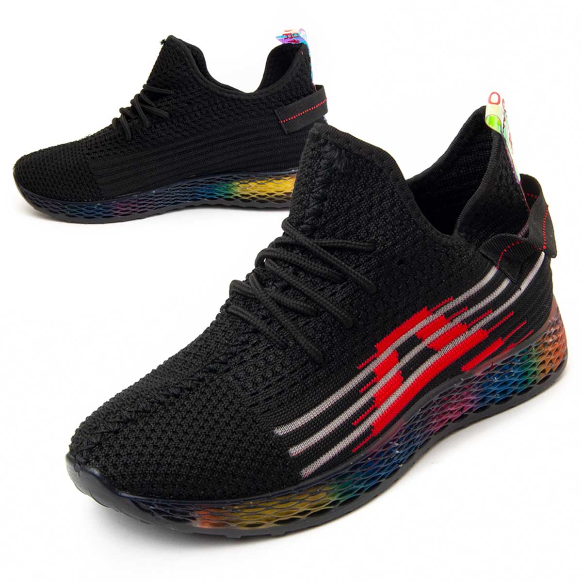 Schwarzer Laufschuh mit Regenbogensohle