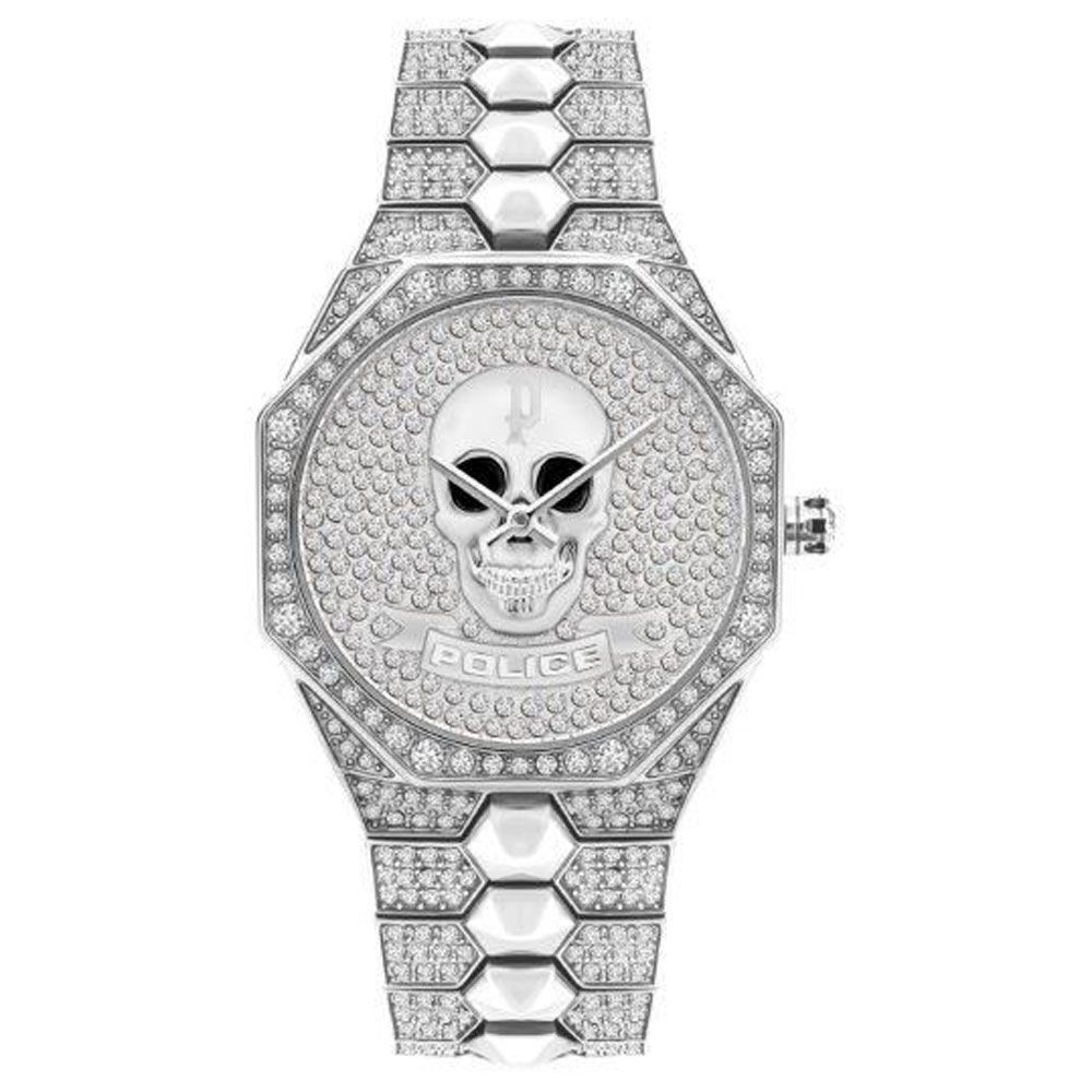 Silberfarbene Armbanduhr mit Totenkopfmotiv