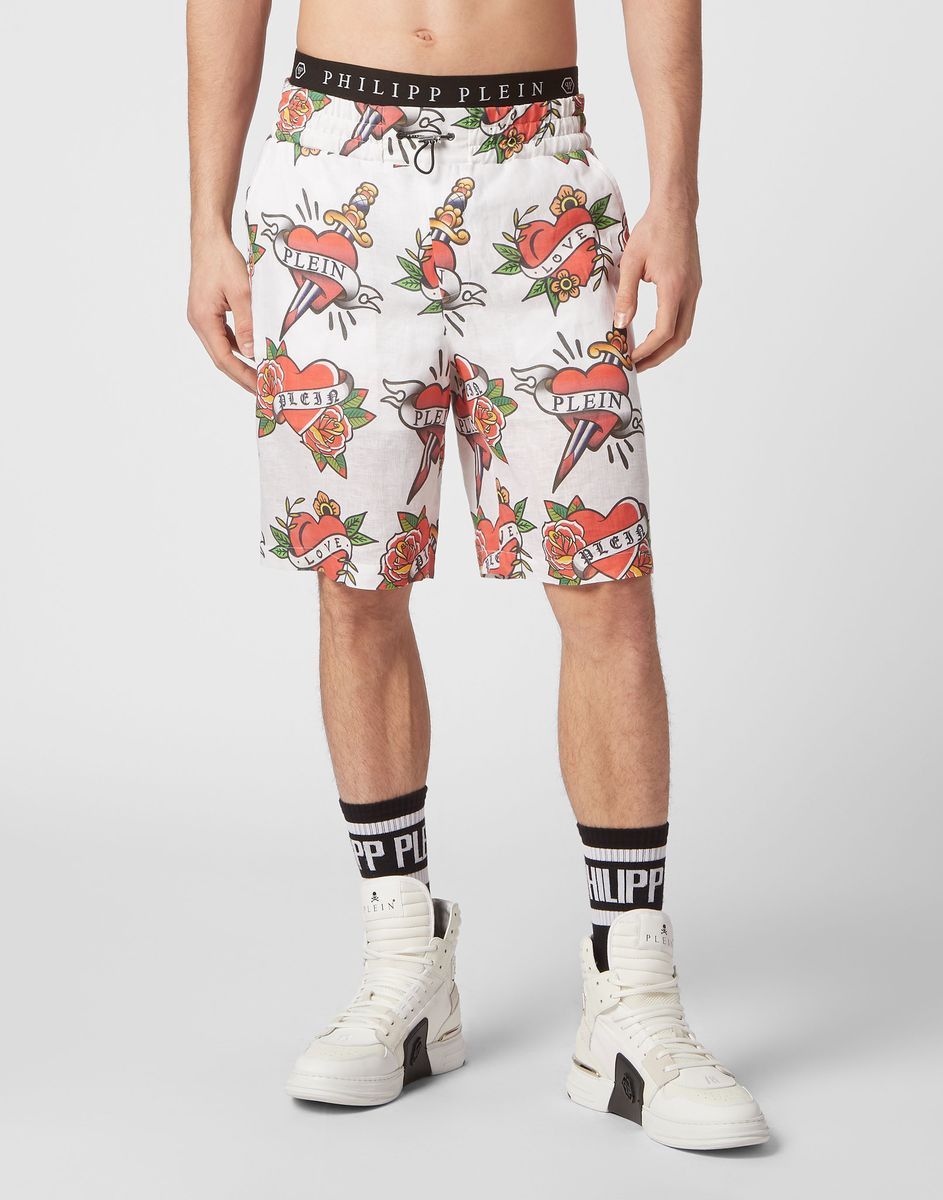 Bedruckte Leinen Bermuda Shorts