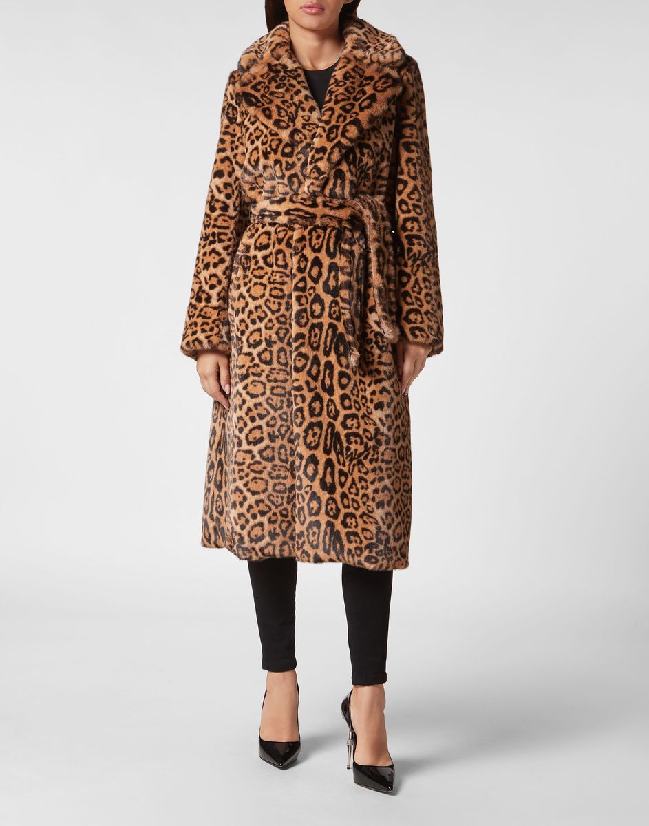 Langer Mantel aus Leopard-Kunstpelz