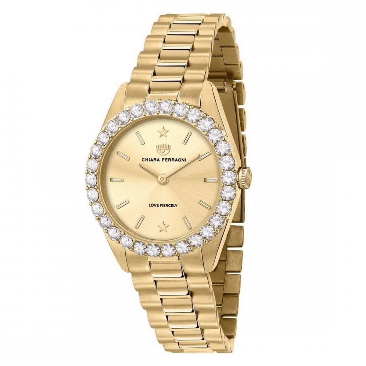 Elegante goldfarbene Damenuhr mit Kristallen