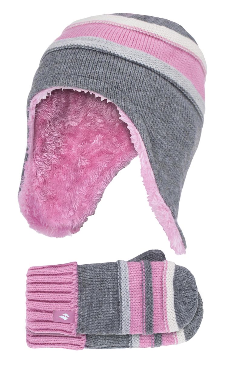 Wärmehalter - Mädchen Winter Warm Pom Pom Bobble Beanie Mütze und Handschuhe Set - Pebble Grey