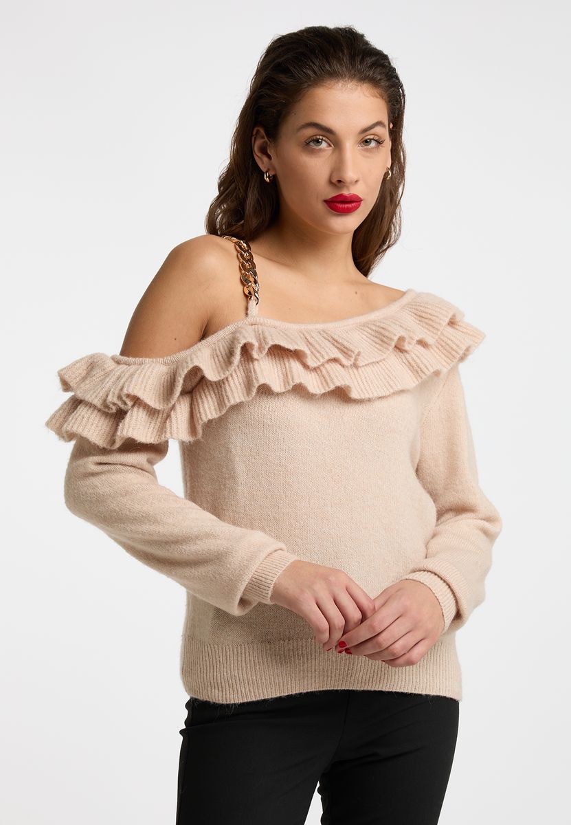 One-Shoulder-Strickpullover mit Volants und Kette