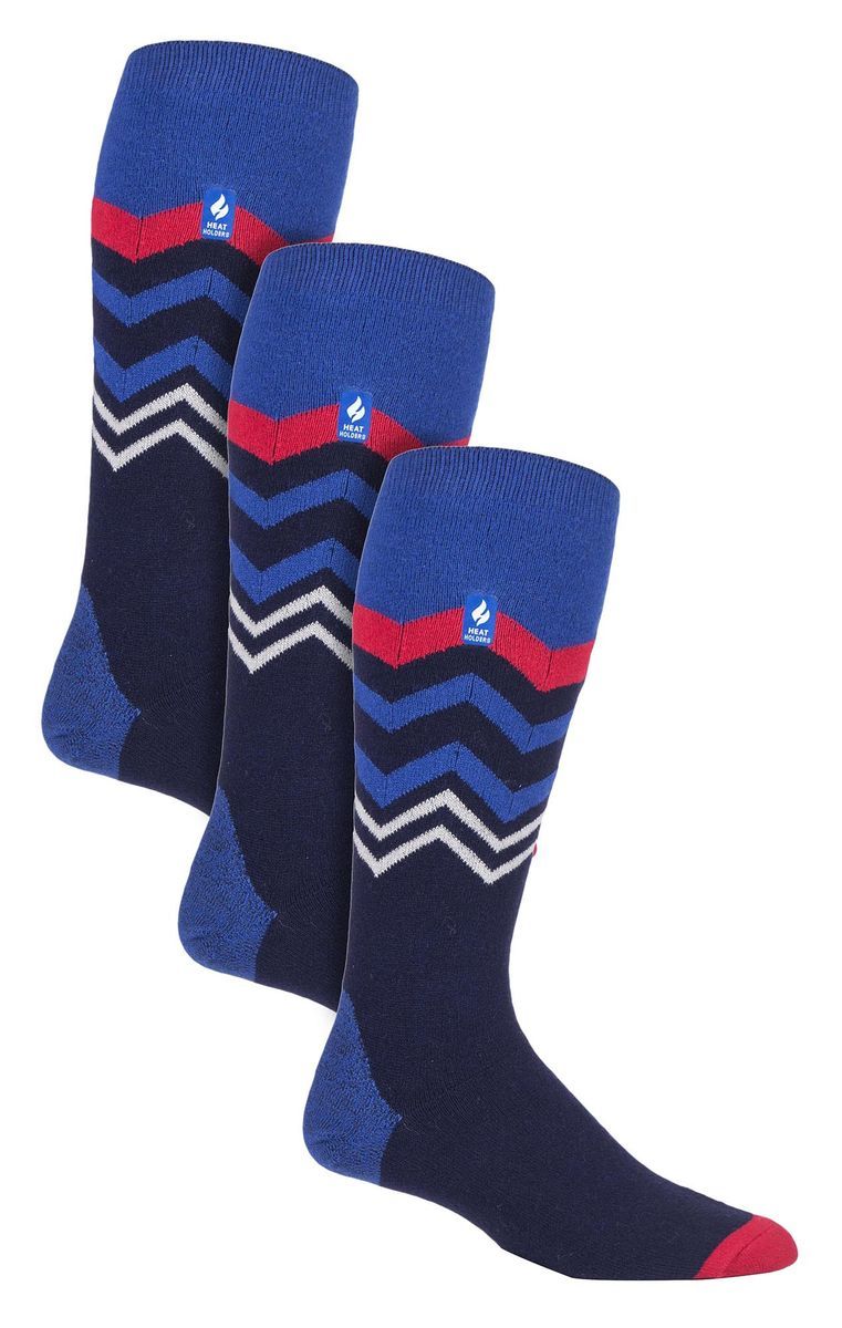 3 Paar Multipack Ultra Lite Herren Skisocken | Wärmehalter | Funky Patterned Striped Knee High Socks - Dark Blue Zig Zag